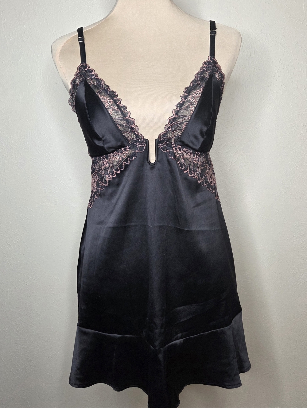 Auden Y2K Black Satin Lace Trim Babydoll Slip Dress Chemise Deep Plunge Small